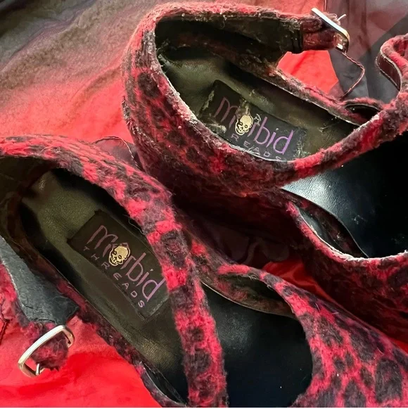 Vintage 90s Platforms-Red Leopard Velvet Morbid Threads Mary Janes 8.5 (*read) - Picture 15 of 16
